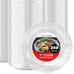 Stock Your Home 240-Count, 7 Inch Clear Plastic Plates, Flexible, Disposable Heavy Duty Party Dinner Plate, for Wedding Reception, Holiday Parties, Cake, Dessert, Appetizers, Salad, Medium Size