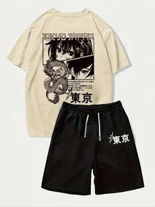 Men's "Urban Tokyo Anime" Set – Beige T-Shirt & Black Shorts with Manga Dragon, Tokyo Print | Ideal for City Trends, Daily Errands & Anime Streetwear Fans | Crafted with Coordinated Design, Soft Fabric & Urban Anime Vibe | Perfect for Men Who Love Urban J