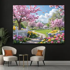 2D Flat, 2D Flat - 2D Door Banner 2D Flat, 2D Flat - 2D Door Banner A 2D Flat Canvas Featuring a Cherry Blossom Pathway in Spring, Showcasing a Lively Garden Path Adorned with Blooming Trees