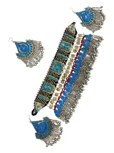 Handmade Afghan Red Tribal Jewelry Set | Vintage Kuchi Choker, Earrings & Traditional Headpiece | Ethnic Boho