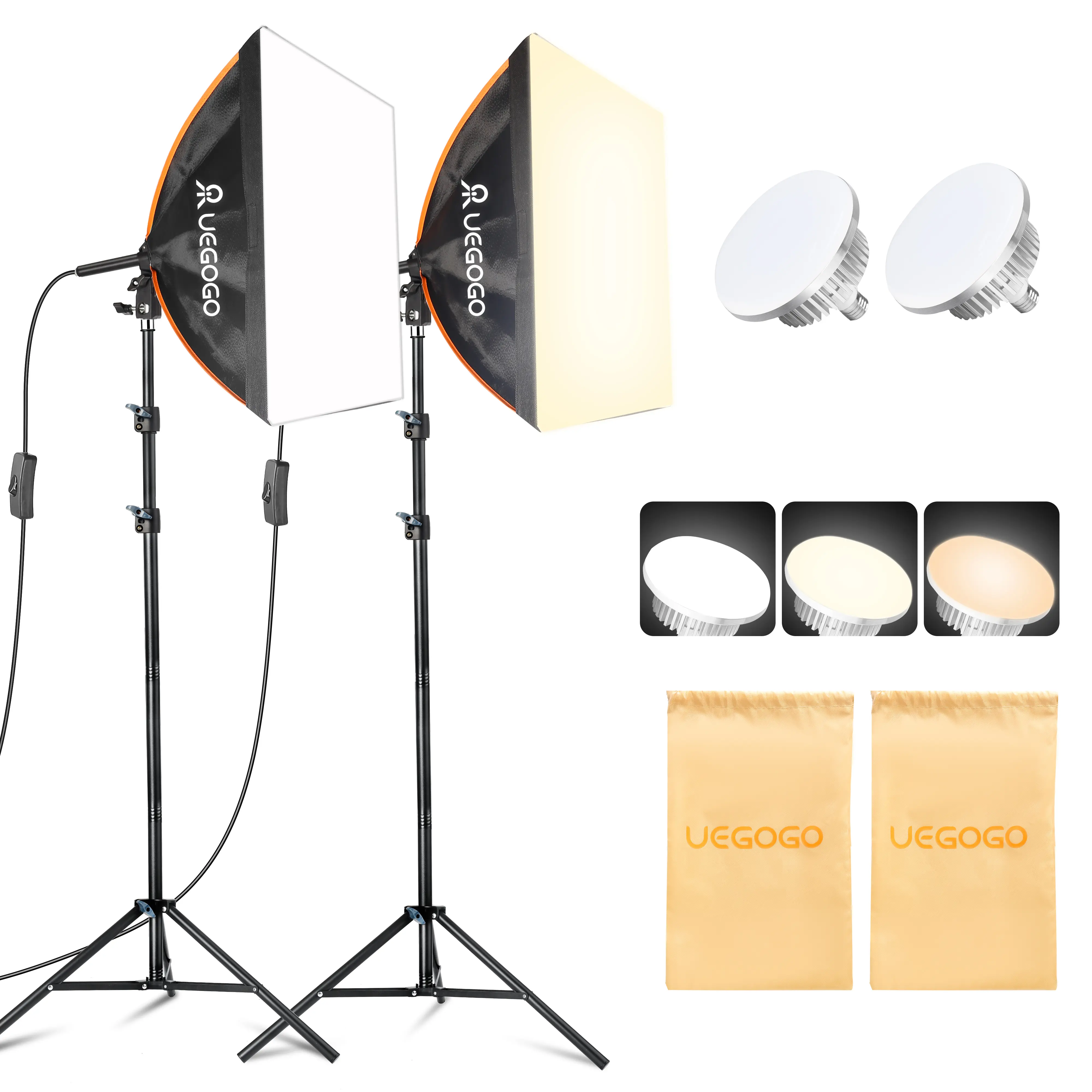 UEGOGO 2-Pack Softbox Photography Lighting Kit - 19.7"×27.6" Softboxes, 70.8" Adjustable Stands, Bulbs, Remote Controller for Portrait, Product Photography