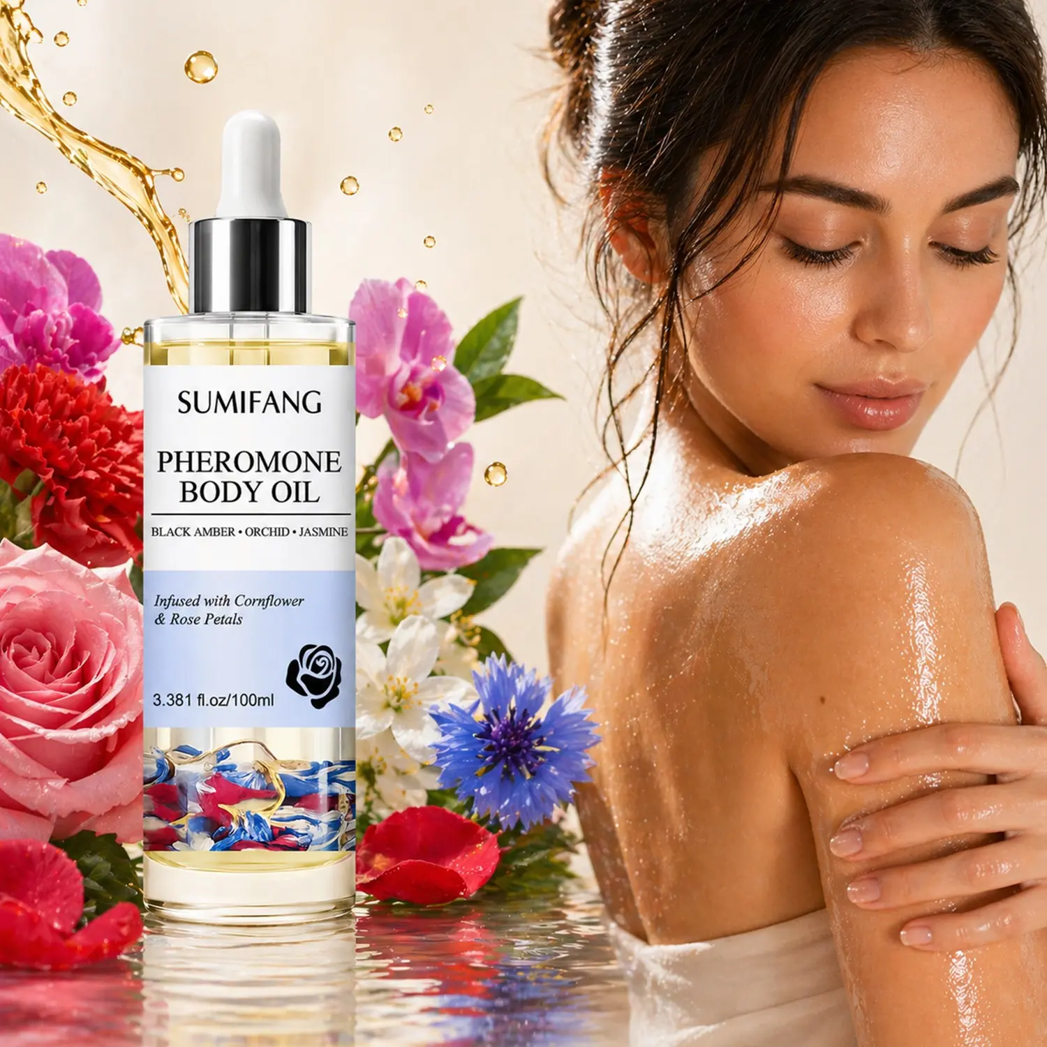 SUMIFANG Pheromone Fragrance Body Oil 100ml, Scented Body Oil, Fragranced Body Oil – Black Amber + Jasmine – Infused with Cornflower and Rose Petals, moisturizes, nourishes, smooths skin, Lightweight and absorbs quickly, Leaves a warm scent