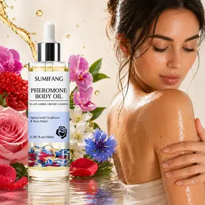 SUMIFANG Pheromone Fragrance Body Oil 100ml, Scented Body Oil, Fragranced Body Oil – Black Amber + Jasmine – Infused with Cornflower and Rose Petals, moisturizes, nourishes, smooths skin, Lightweight and absorbs quickly, Leaves a warm scent