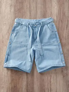 Manfinity Joysei Men's Loose Waist Street Style Multi-Buckle Blue Patchwork Denim Shorts Men Light Wash Denim Shorts Baggy Denim Shorts Men Boyfriend & Husband Couples Vintage Washed Blue For OVERSIZE College Baggy Jean Short