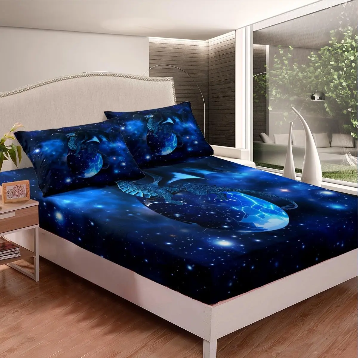 Galaxy Dragon Bed Sheet Set Chic Outer Space Starry Sky Bedding Set Jungle Animals Dragon Fitted Sheet Bedroom Decor Blue Black Bed Cover 1