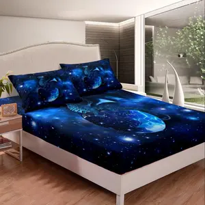 Galaxy Dragon Bed Sheet Set Chic Outer Space Starry Sky Bedding Set Jungle Animals Dragon Fitted Sheet Bedroom Decor Blue Black Bed Cover 1