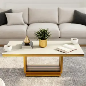 Luxury 50" Gold Brushed Coffee Table with Beige Tempered Glass Top - Stylish and Elegant Home Decor