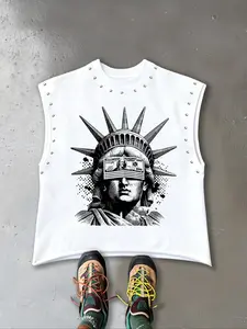 Unisex Casual Tank Top, Sleeveless Wide Shoulder T-Shirt Vest, Rivet Design, Lady Liberty Print, Street Style, All Seasons