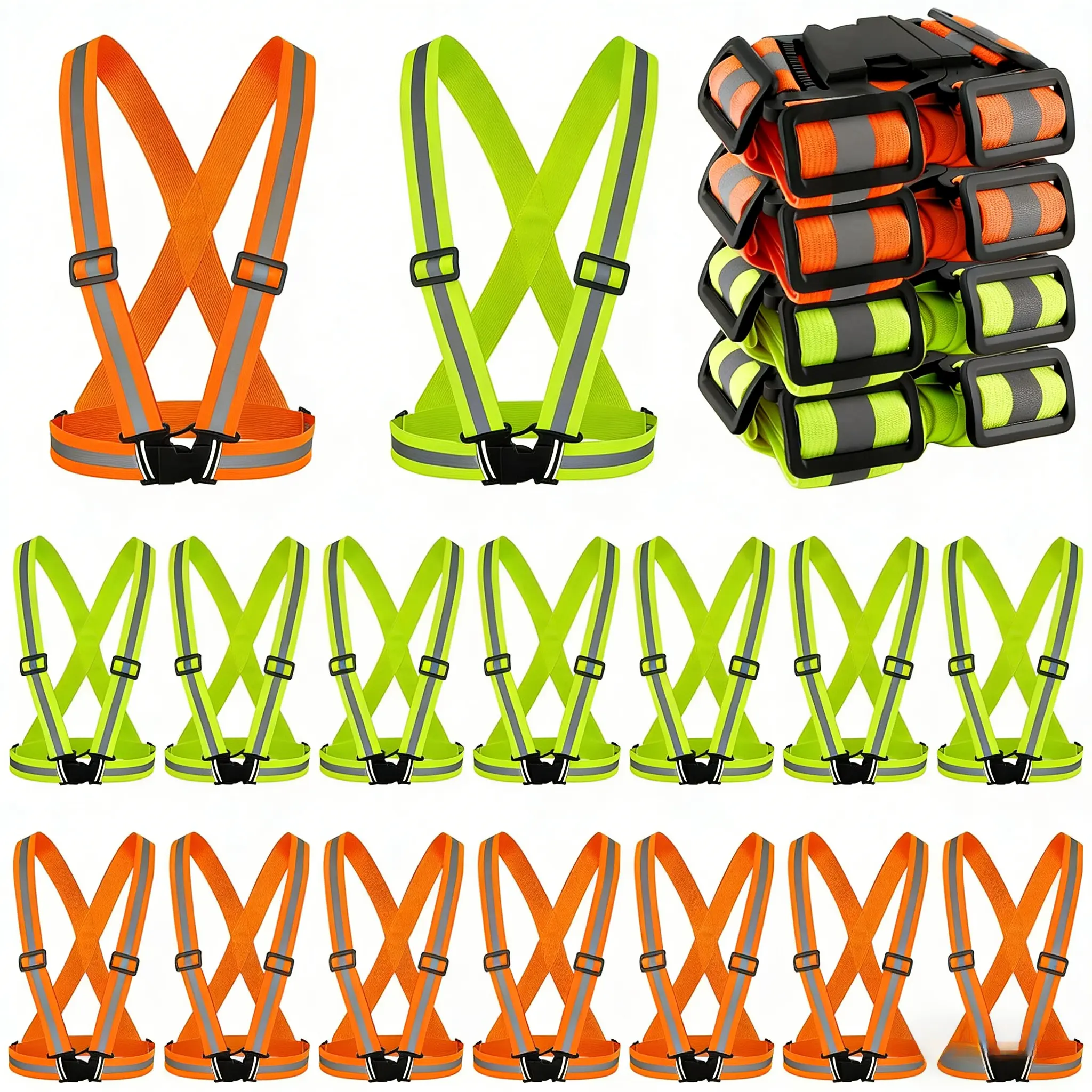 20 Pack High Visibility Safety Vests, Green & Orange Adjustable Elastic Strap Reflectors for Construction, Biking, Running & Surveying, Reflective, Elastic Buckle, Outdoor Work, Running/Cycle, Do Not Wash