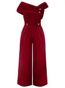 RETRO STAGE Women's Plus Size Red 1950s Polyester Velvety Texture Vintage Appeal Off-Shoulder Button Zipper Lady Basic Overalls Jumpsuit