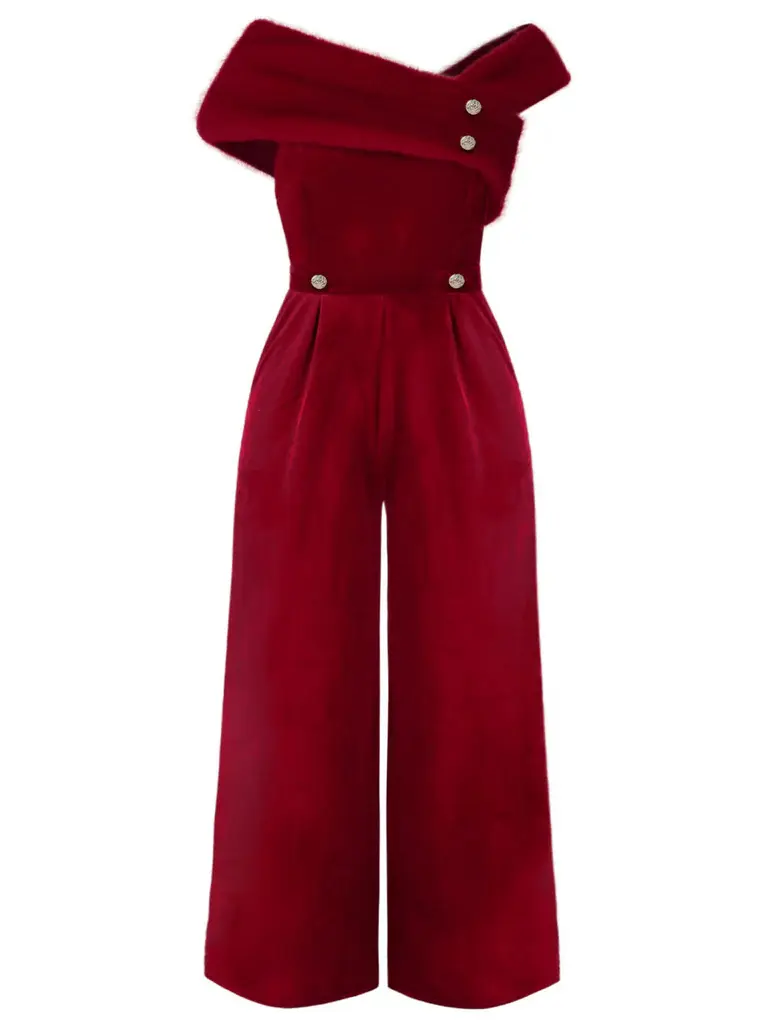 RETRO STAGE Women's Curvy Plus Size Red Velvety Polyester Off-Shoulder Jumpsuit - 1950s Vintage Style, Button Front, Zipper Closure, Overalls, 2X-5X, Women's Clothes, Jumpsuits Rompers