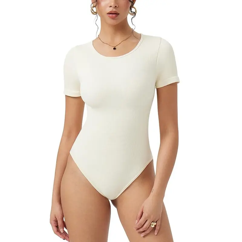 OYV Bodysuits Sexy Ribbed One Piece Short Sleeve Round Neck Tops Bodysuits