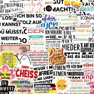 50 Cartoon German Inspirational Graffiti Adhesive Stickers, Decorative Luggage Guitar DIY Waterproof Decals, Motivational Stickers for Kids