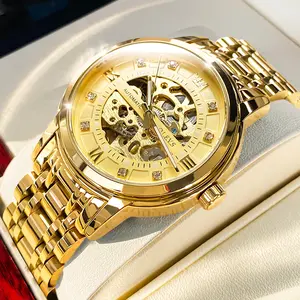OLEVS Men’s Gold Skeleton Watch Automatic Mechanical self Winding Luxury Dress Stainless Steel Waterproof Luminous Wrist Watches Designer