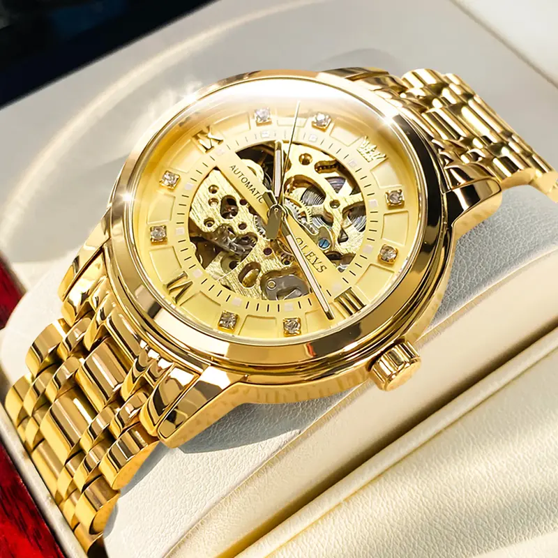 OLEVS Men’s 41mm Gold Skeleton Automatic Mechanical Self-Winding Luxury Elegant Dress Watch, Stainless Steel, 30m/100ft Water Resistant Wristwatch Model 9901