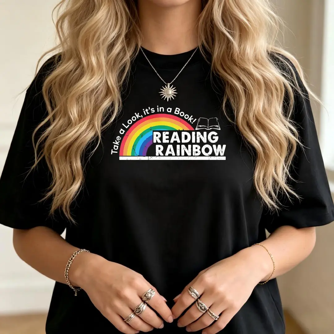 Women's Oversized Reading Rainbow Graphic Tee in 100% Soft Cotton, Casual Drop Shoulder Fit for Streetwear, Lightweight & Curvy Friendly