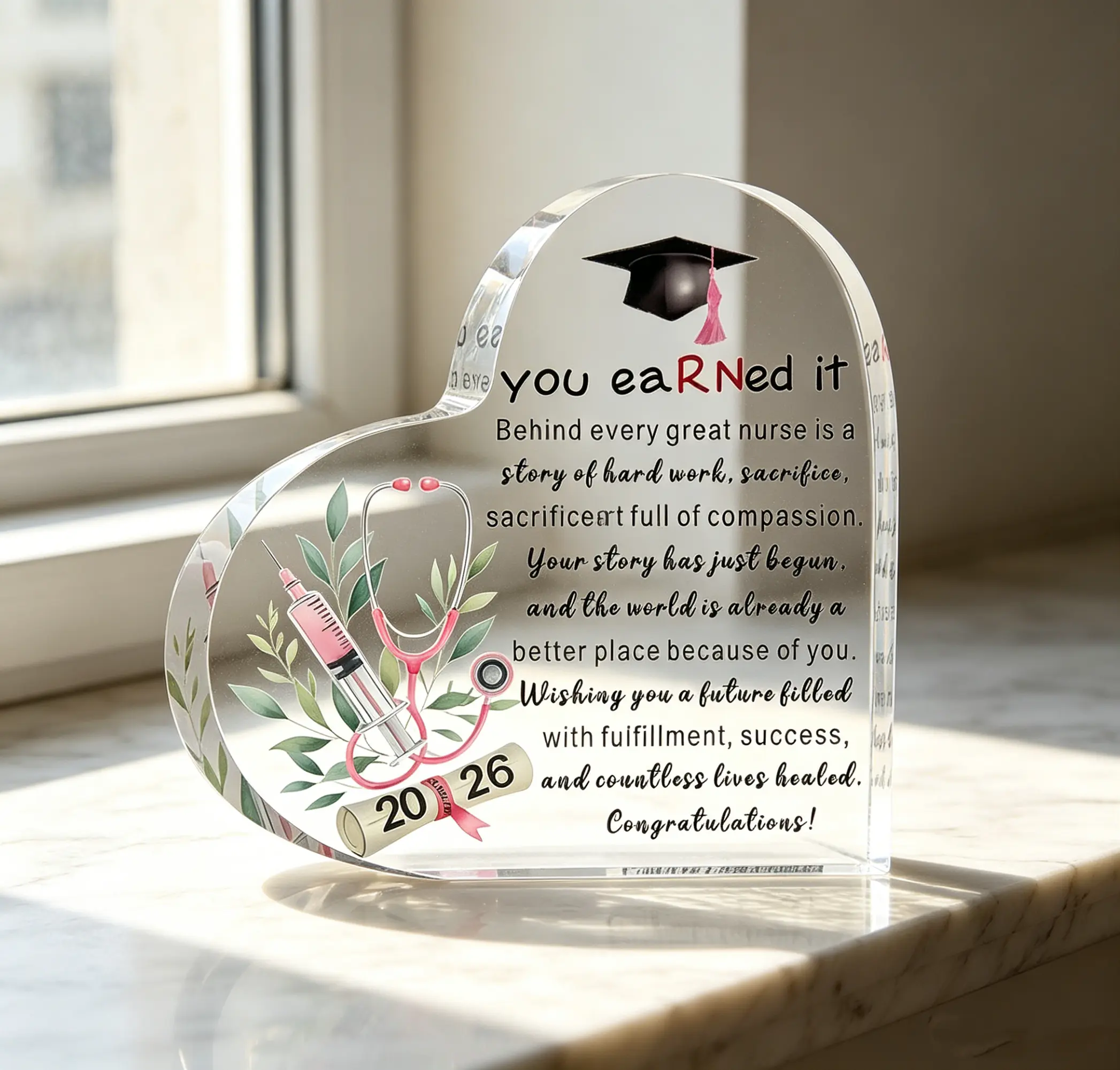 Traditional Heart Acrylic Keepsake Plaque-Signs, Elegant Freestanding Light Desk Decor, Female Adult Business Token for Class of 2026 Nurse Graduation Daughter, Home Nightstand Office Table Accent - summerwins
