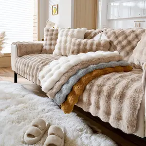 Winter Warm Faux Rabbit Fur Sofa Cover, Thick Plush Non-Slip Seat Pad, Pet Friendly, Universal Washable Furniture Protector