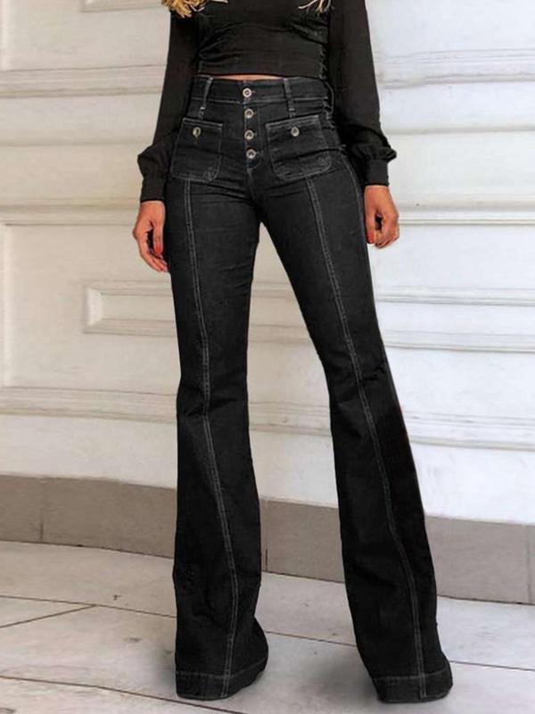 Women's Plain Flare Leg Jeans with Button & Pockets , Casual Bell Bottom Trousers for Daily Wear, Ladies Bottoms for All Seasons
