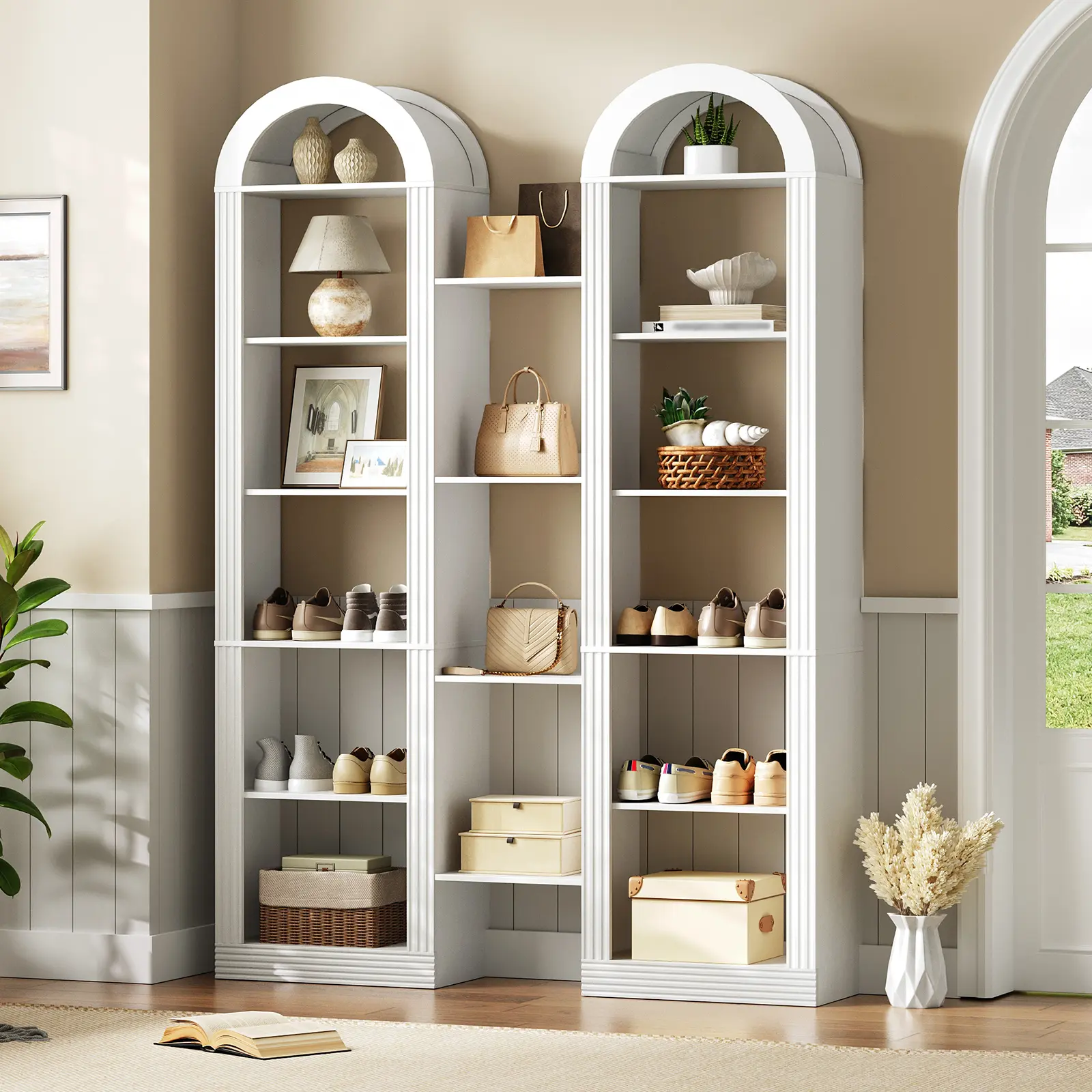 Black 6-Tier Arch-Shape Freestanding Bookshelf - 47x11.5x74.8in Durable Contemporary Home Library Storage Organizer, Engineered Wood Display Unit with Anti-Tip Kit, Numbered Parts for Study, Living Room (Assembly Required)