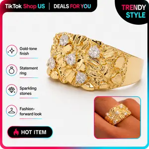 14K Gold Plated Diamond Nugget Signet Ring - Vintage, Chunky Costume Jewelry for Men & Women's Fashion Accessories