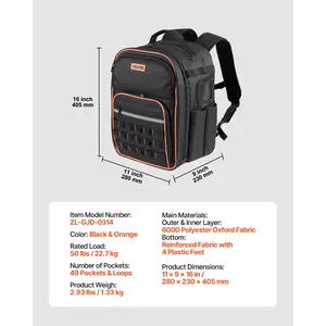 VEVOR Tool Backpack, 49 Pockets, Heavy-duty Tools Storage Organizer Work Bags with Laptop Compartment Reinforced Fabric Base, Electrician Jobsite Backpack for Electrician, Repairman