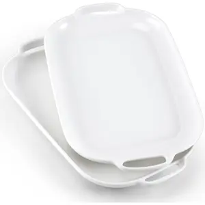 12 Inch Rectangle Ceramic Serving Tray with Handles Set of 2, Large White Porcelain Serving Platters for Food Dessert Fruit Party Entertaining
