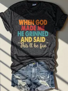 Funny Christian Shirts for Women When God Made Me He Grinned T Shirt Sarcastic Jesus Faith Religious Tops