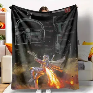Boba Flannel Blanket Mandalorian Warrior Blueprint Art UltraSoft & Warm Lightweight & Cozy Perfect for Movie Nights Scifi Enthusiasts Gaming Room Travel Companion Birthday Gift Holiday Present Outer Space Theme Decor.