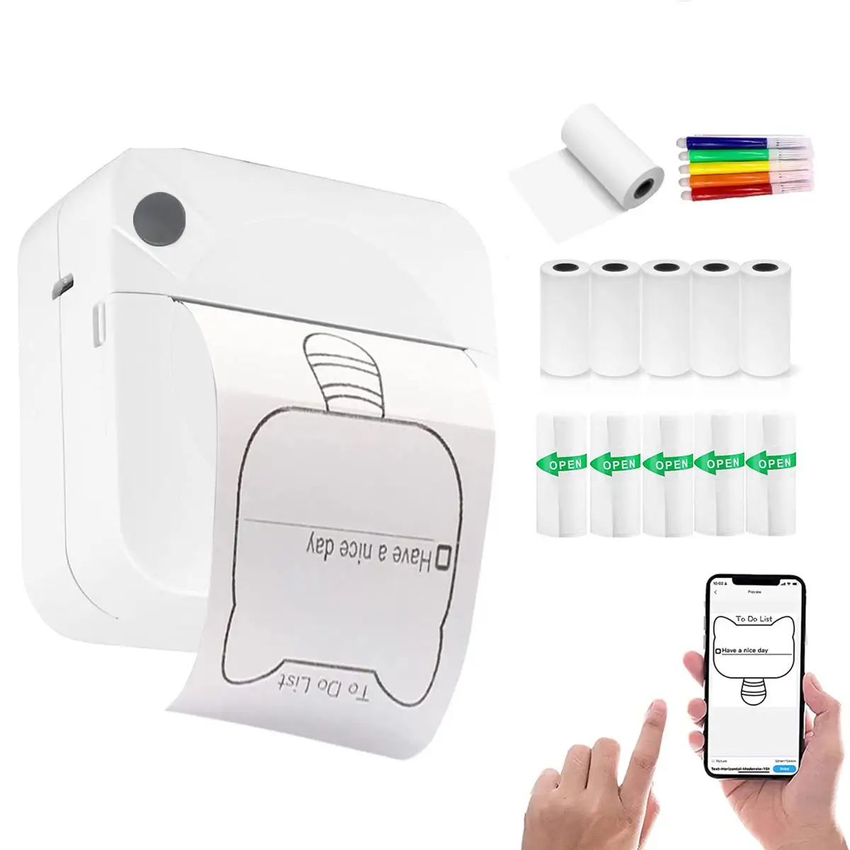 USB Portable Mini Photo Printer, 1 Set Mobile Phone Photo Printing Machine, Wireless Printer with 11 Rolls Thermal Paper for Home Office School