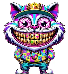 Street Style King Cat Ready to Press Heat Transfer DTF Transfer Direct to Film Colorful Design with Crown and Gold Teeth for Apparel Heat Pressing Instructions Included
