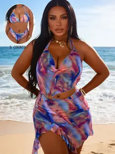 Women's New European Style Plus Size Colorful Print Halter Tie Triangle Bikini Set with Cover-Up, Summer Bikini, Swimsuits Bikinis, Swimwear Set, Stylish Swimsuit, Perfect for Beach Pool Halter Bikini Swimsuit