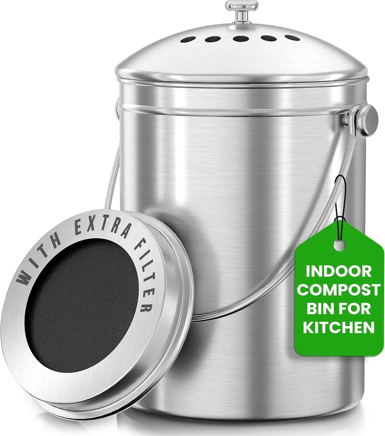 Utopia Kitchen Countertop Compost Bin Kitchen with Charcoal Filter - Stainless Steel Kitchen Compost Bin Countertop - Ideal Kitchen Essentials or Small Composter for Under The Sink Trash
