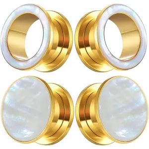 2 Pairs White Pearl Shell Stainless Steel Ear Gauges Plugs and Tunnels, Size 2g - 1 inch Hypoallergenic Surgical Steel Ear Stretcher Expander Body Jewelry