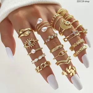 23Pcs Vintage Boho Gold Ring Set for Women – Stackable Joint Knuckle Rings | Mixed Sizes Crystal Evil Eye Moon Star Pearl Finger Rings Jewelry Set
