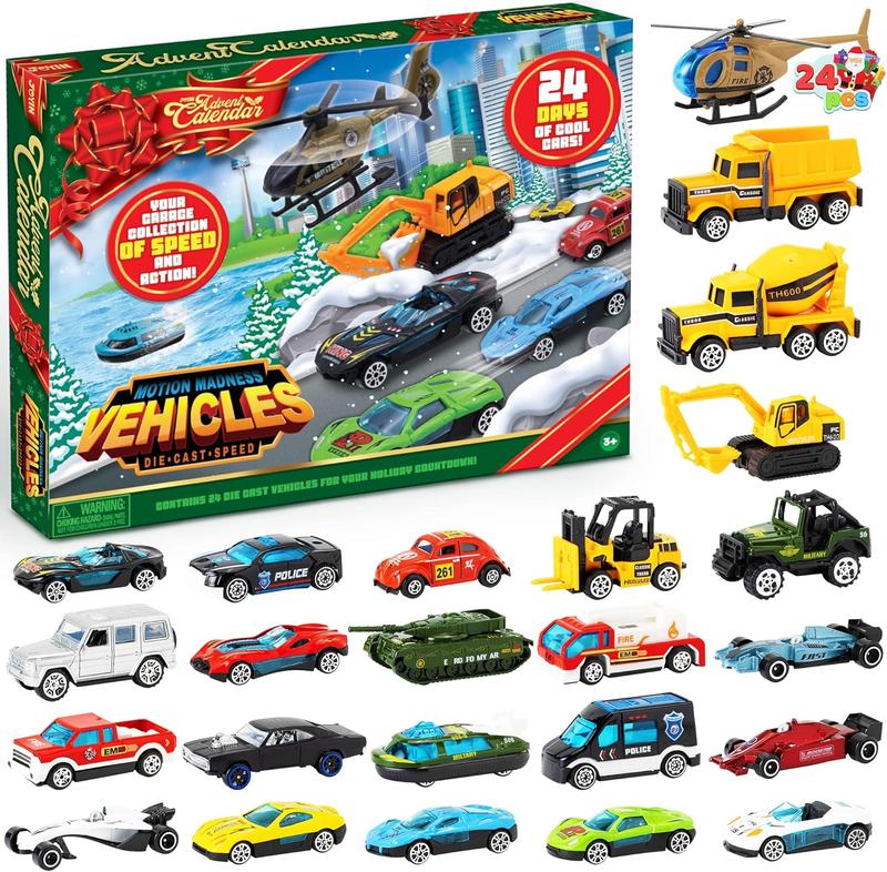 2025 Christmas Advent Calendar, 24 Days Countdown Calendar Diecast Cars Set, Christmas Vehicles Toys for Boys Kids, Classroom Prizes Xmas Gift, Xmas Party Favor Gifts, Advent Calendar Kids Slime with Accessories / Finger Puppets / Slime with Accessories