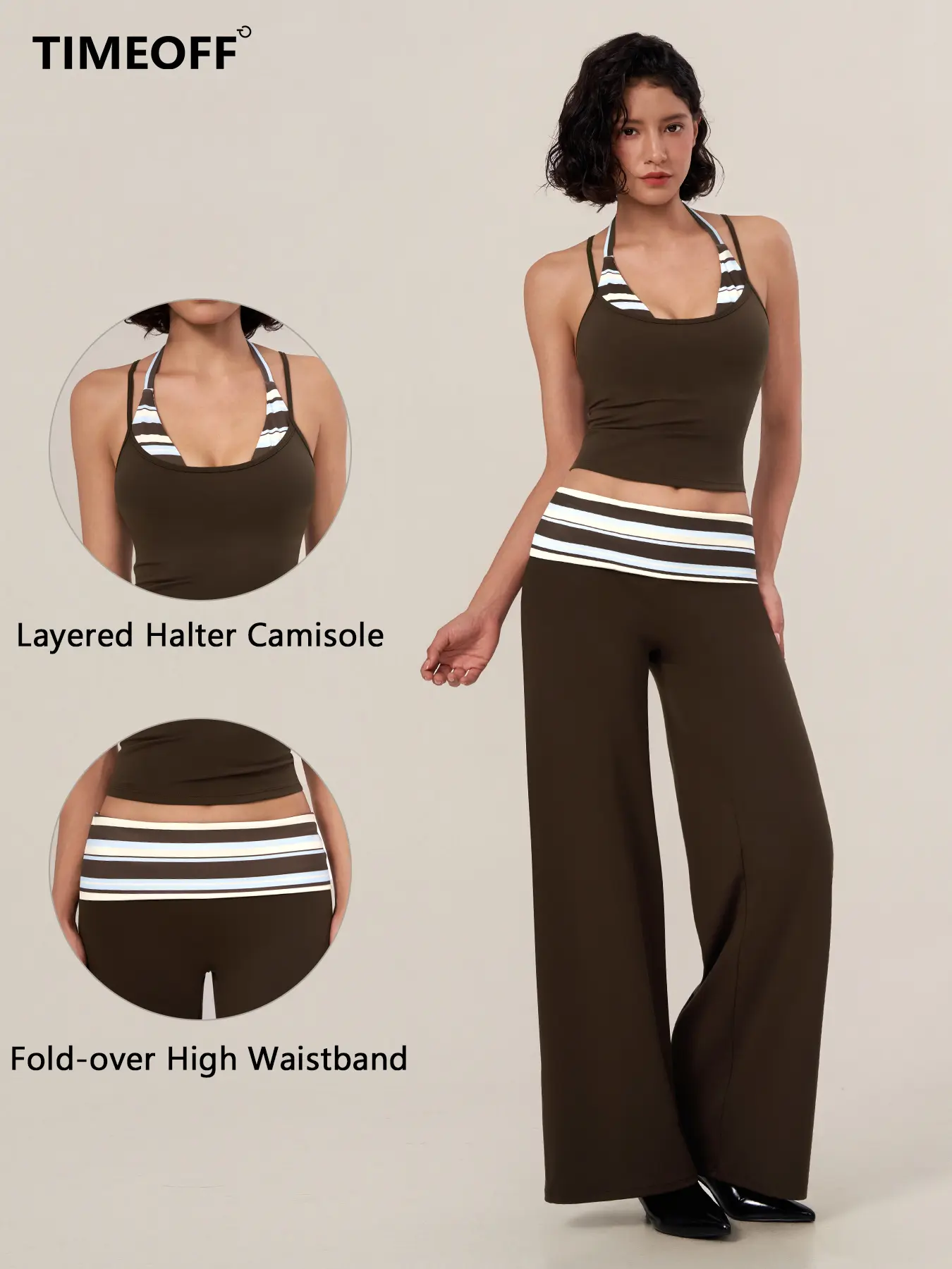 TIMEOFF Halter Tank Top & Fold Over Waist Capri Leggings Active Set, Polka Dot Splicing, Stretchy Soft Fabric, Anti-Slip Waist & Breathable Fit, Avoid Slipping and Tight Restraint, Great for Yoga, Gym Training, Jogging and Daily Casual Sport Wear