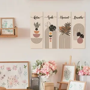4 Piece Inspirational Quote Wood Plaques, Relaxing, Unwind, Breathe, Artistic Wall Art Decoration, Suitable for Home Living Room Bedroom Bathroom, Flat Print Thickness 0.11in