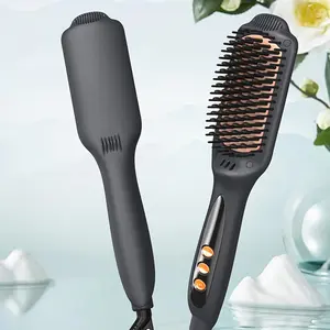 LANDOT Hair Straightener Brush - Ionic Plus Straightening Brush with Dense Bristles, Dual Voltage Heat Brush Straightener for Women | Flat Iron Comb for Thick Curly Hair Hot Air Brush