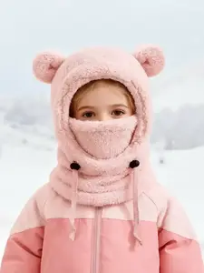 Kids' Winter Plush Beanie, Upgraded Dual-Ear Design, Windproof Thermal Full-Face Mask, Soft Fleece for Ages 3-10, Perfect for Skiing & Outdoors