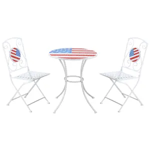 Outsunny 3 Piece Patio Bistro Set, Folding Outdoor Furniture with USA Mosaic Table and Chairs,  Portable Metal Frames for 4th of July, Balcony, Backyard, Poolside, Porch, American Flag