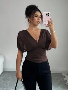 Women's Summer New Deep V Cross Pleated Waist Short Sleeve Top Knitwear, Slim Fit Sexy Short Dress, Trendy Fashion for Ladies