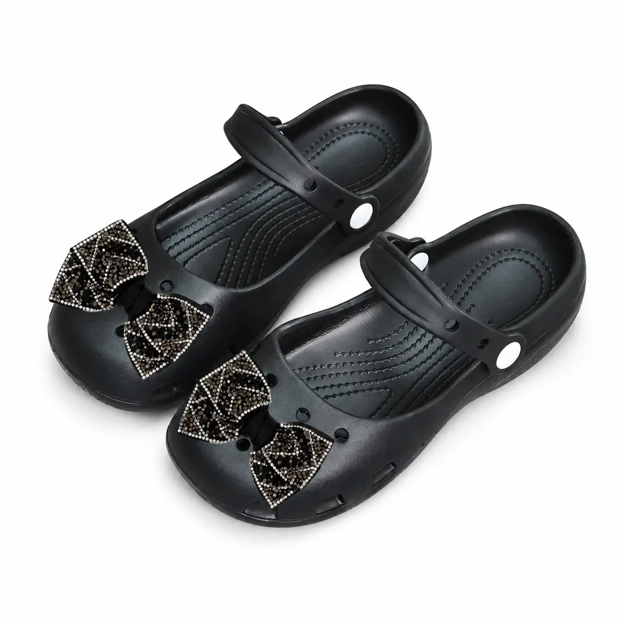 Women’s Black Rhinestone Bow Mary Jane Clogs, EVA Platform Slip On Clog Sandals with 1.57 Inch Heel, Breathable Round Toe Hole Shoes for Beach, Vacation, Travel, Walking, Shopping and Casual Daily Wear