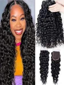 Water Wave Bundles with Closure, Wet and Wavy Brazilian Virgin Human Hair  , 3 Bundles with 4x4 Lace Closure, Baby Hair, Free Part