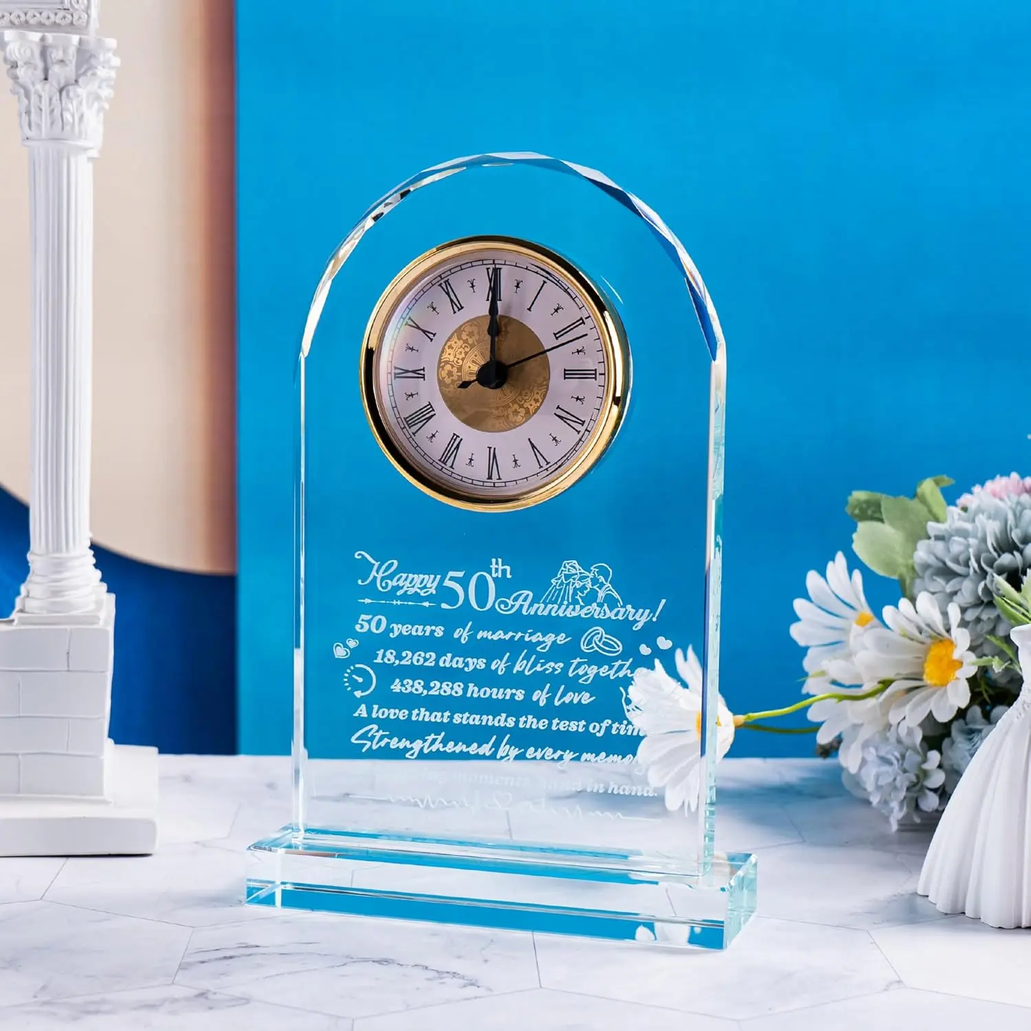 50th Anniversary Crystal Quartz Clock: Gift for Parents, 50th Anniversary Delicate Golden Clock, 50th Anniversary Decorative Gift