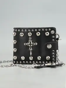 Men's Wallet Card Holder, Large Capacity Portable Purse, Punk Style Cross Chain Rivet Cutout Design, All Seasons Accessory