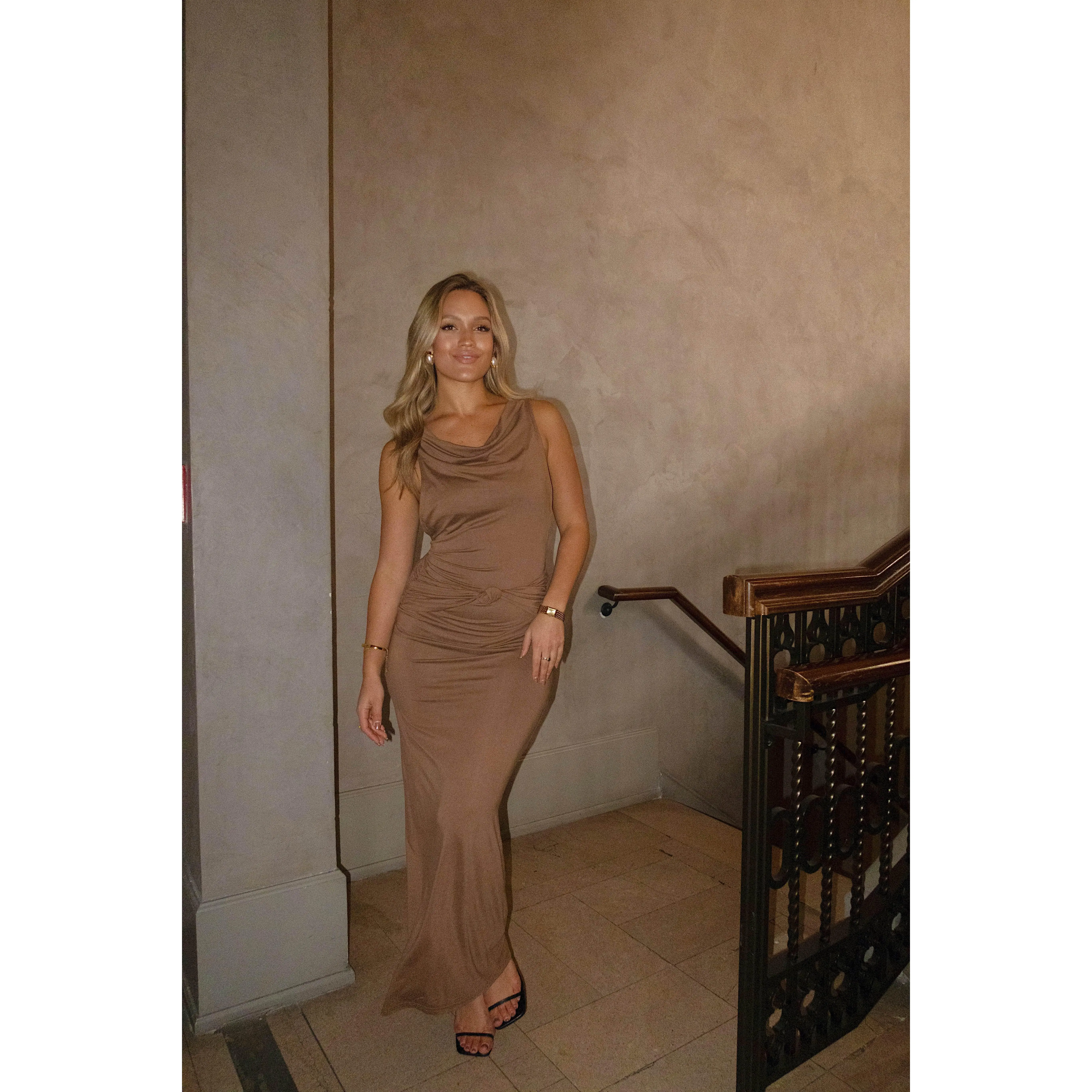 Women's Formal Spandex Maxi Dress - Stretchy 4% Spandex Draped Gown, Bandeau Neck, Hourglass Effect, Twist Style, Knot Detail, Open Cut-Out Twist Back, Evening Wear