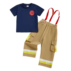 Kid Firefighter Outfit For Boys Fire Fighter Short Sleeve T Shirt Suspender Pants Overalls Toddler Fireman Birthday Outfit Cake Smash Photo