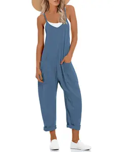 Women's Solid Color V Neck Sleeveless Jumpsuit, Casual Pocket Overalls Jumpsuit for Summer, Fashion Women's Clothing for Daily Wear, Womenswear