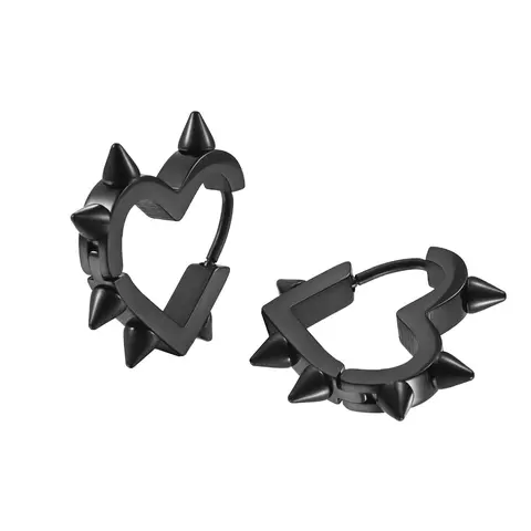 Women's Hypoallergenic Stainless Steel Gothic Edge Heart Huggie Hoops Earrings - Gothic Punk, Black Spike, Everyday Bold, Durable Finish Statement Piece for Daily Wear to Elevate Simple Looks